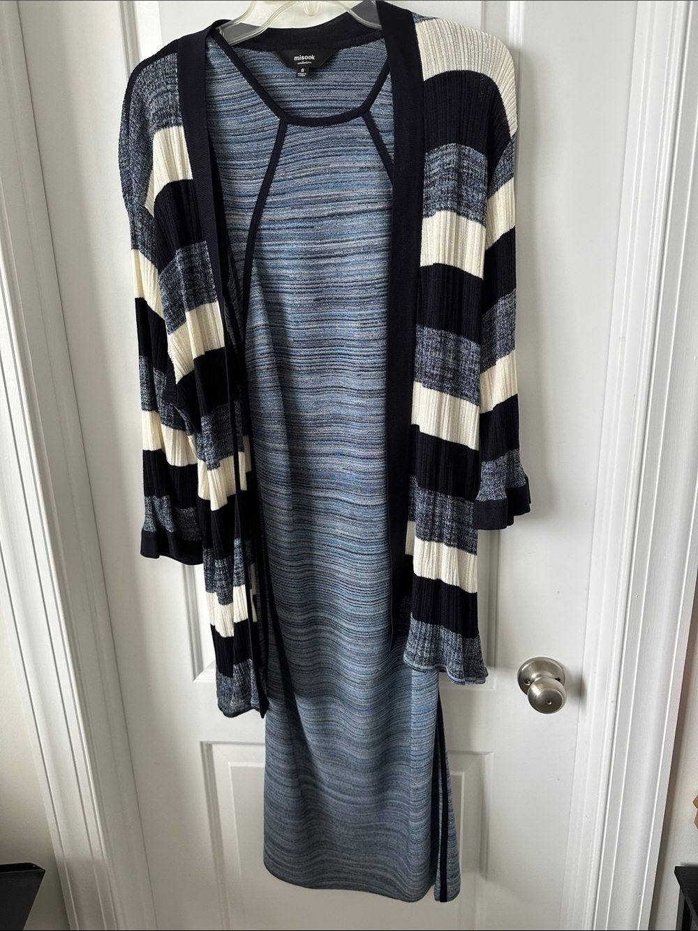 Misook Blue Striped Maxi Dress with Navy & Cream Cardigan